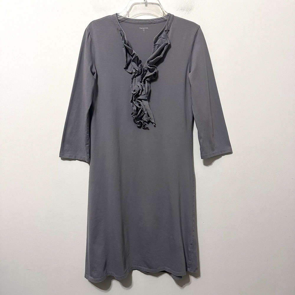 Garnet Hill T Shirt Dress S Gray Ruffle V Neck Pima Cotton 3/4 Sleeve‎ Minimal
